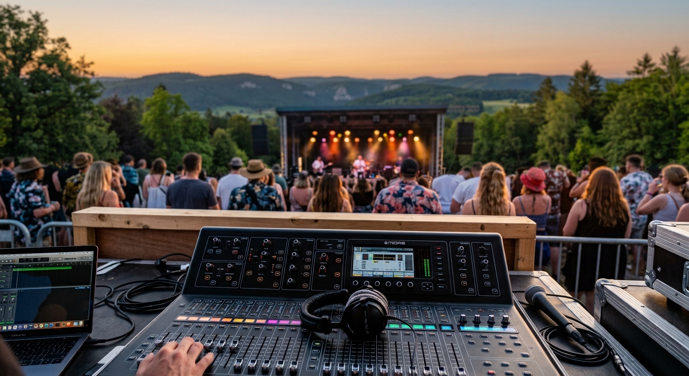 Blick von der Mischposition ueber das Publikum auf eine Open-Air-Buehne in der Abenddaemmerung, im Vordergrund das Pult.