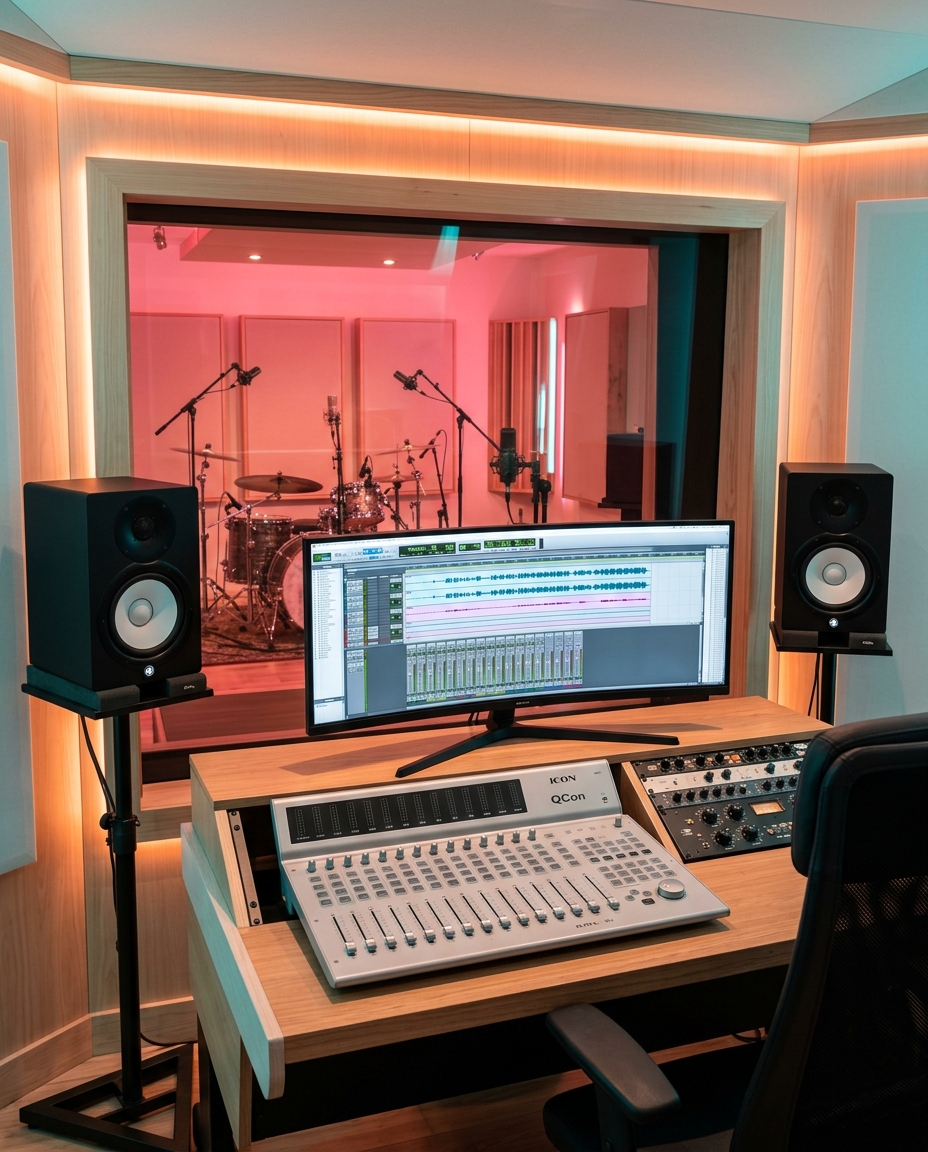 Regieplatz im Studio: Mischpult und Abhoerlautsprecher, dahinter durch eine Scheibe der Aufnahmeraum mit Schlagzeug und Mikrofonen.
